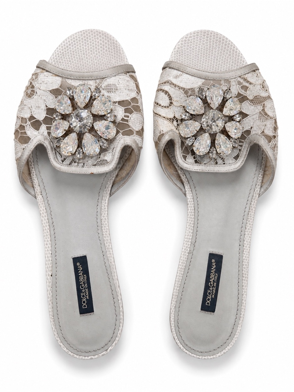 Dolce & Gabbana Ivory Lace Slide Mules with Crystal Floral Accent sandals EU 39